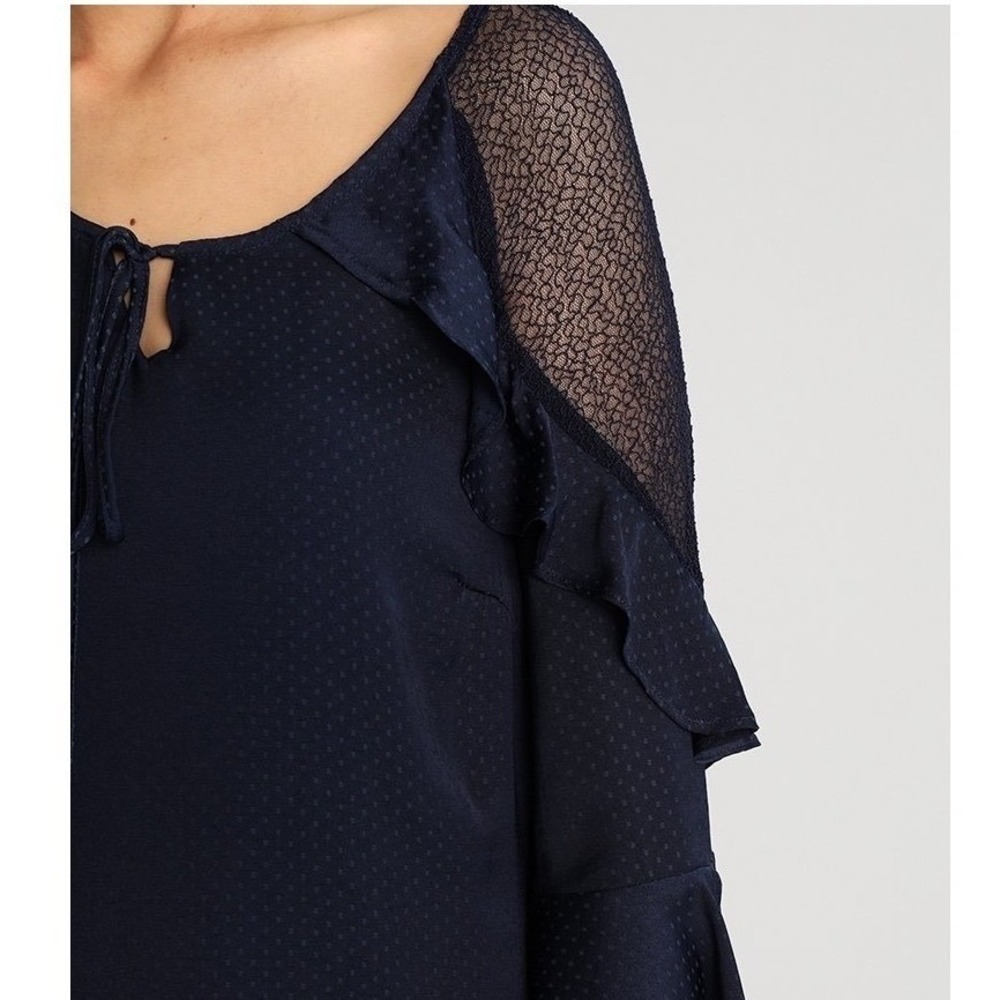 Evans Navy Blue Polka Dot Ruffle Lace Shoulder‎ Shift Dress Size 16 Bell Sleeve